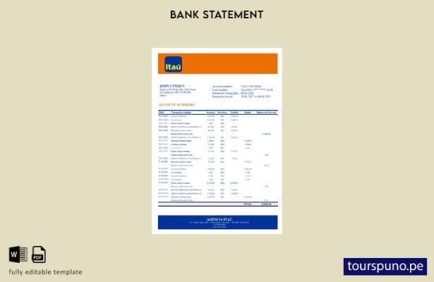 listo para imprimir plantilla de Excel de extracto bancario de Brasil Itaú
